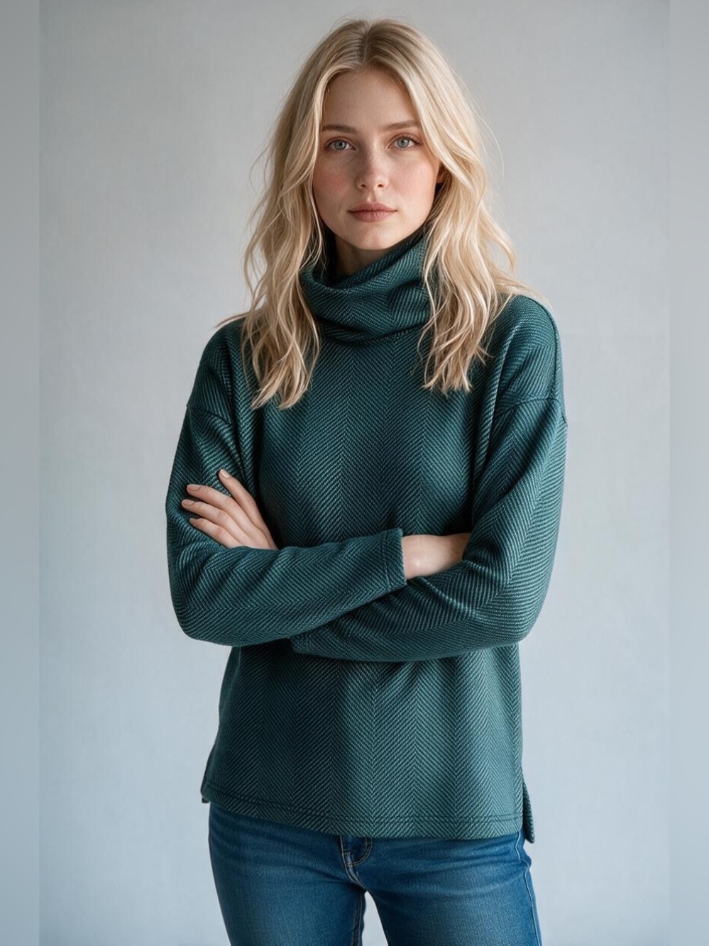 J. Crew Teal Herringbone Funnel Neck Sweater